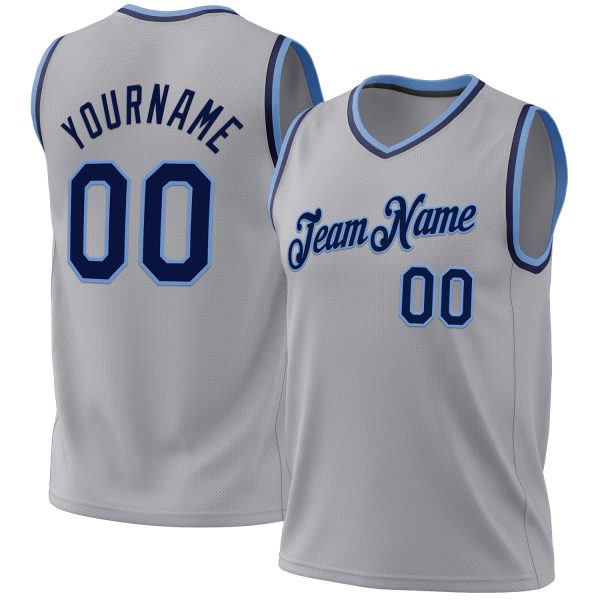 Gray Navy-Light Blue Authentic Throwback Personalized Basketball Jersey