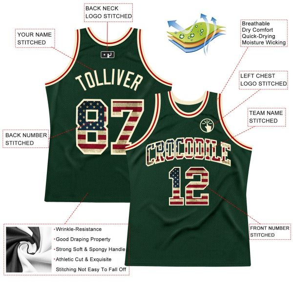Hunter Green Vintage USA Flag-Cream Authentic Throwback Personalized Basketball Jersey - Image 2