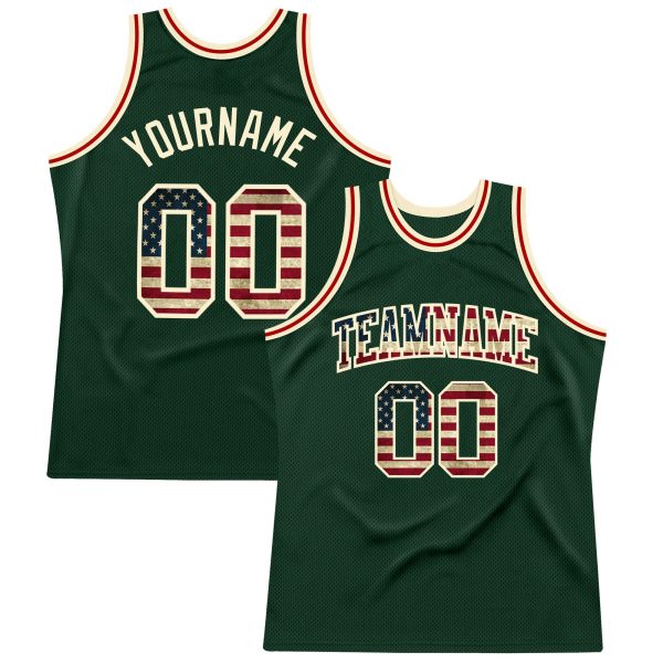 Hunter Green Vintage USA Flag-Cream Authentic Throwback Personalized Basketball Jersey