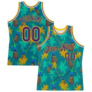 Kelly Green Purple-Gold 3D Pattern Hawaii Palm Trees Pineapples Authentic Personalized Basketball Jersey