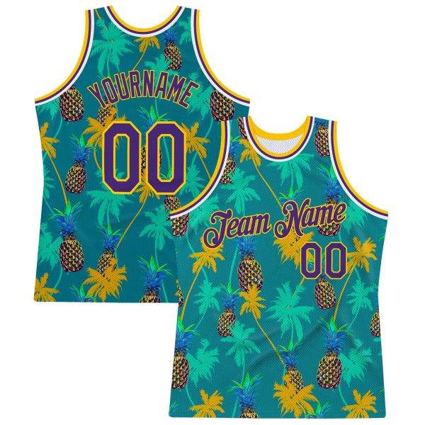 Kelly Green Purple-Gold 3D Pattern Hawaii Palm Trees Pineapples Authentic Personalized Basketball Jersey