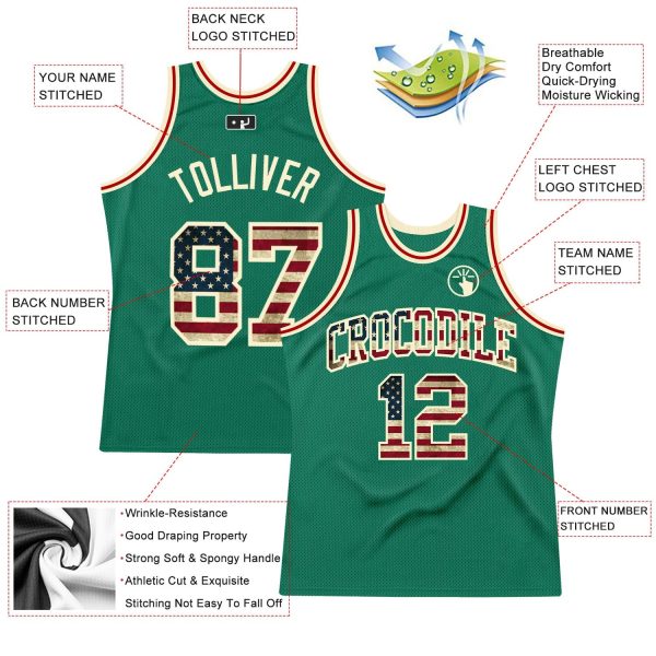 Kelly Green Vintage USA Flag-Cream Authentic Throwback Personalized Basketball Jersey - Image 2