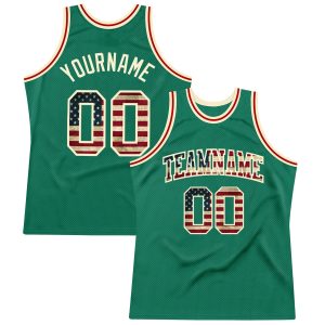 Kelly Green Vintage USA Flag-Cream Authentic Throwback Personalized Basketball Jersey