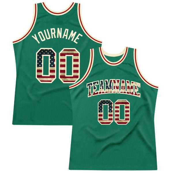 Kelly Green Vintage USA Flag-Cream Authentic Throwback Personalized Basketball Jersey