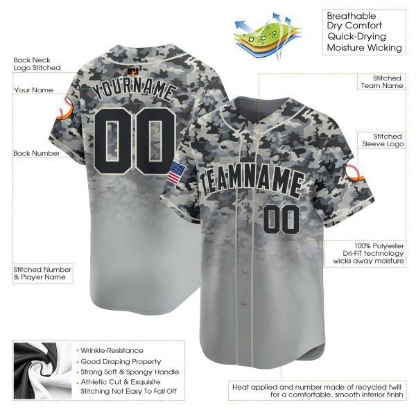 Grey Black - Light Grey Camo Gradient Fashion Personalized Baseball Jersey - Image 3