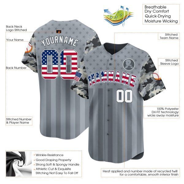 Grey USA Flag - White Camo Stripes Personalized Baseball Jersey - Image 3