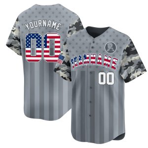 Grey USA Flag - White Camo Stripes Personalized Baseball Jersey