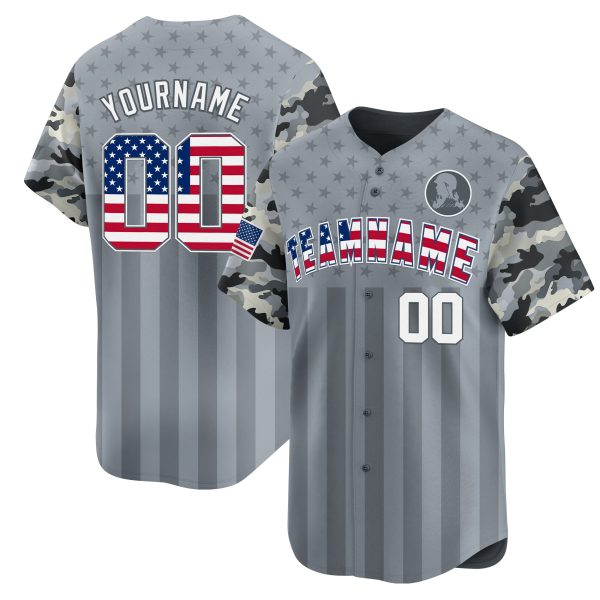 Grey USA Flag - White Camo Stripes Personalized Baseball Jersey