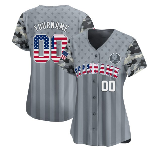 Grey USA Flag - White Camo Stripes Personalized Baseball Jersey - Image 2