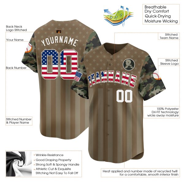 Brown USA Flag - White Camo Stripes Personalized Baseball Jersey - Image 3