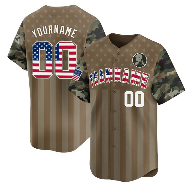 Brown USA Flag - White Camo Stripes Personalized Baseball Jersey
