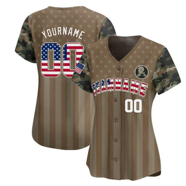 Brown USA Flag - White Camo Stripes Personalized Baseball Jersey - Image 2