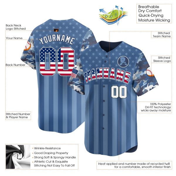 Blue USA Flag - White Navy Camo Stripes Personalized Baseball Jersey - Image 3