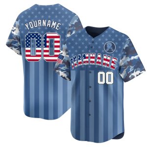 Blue USA Flag - White Navy Camo Stripes Personalized Baseball Jersey