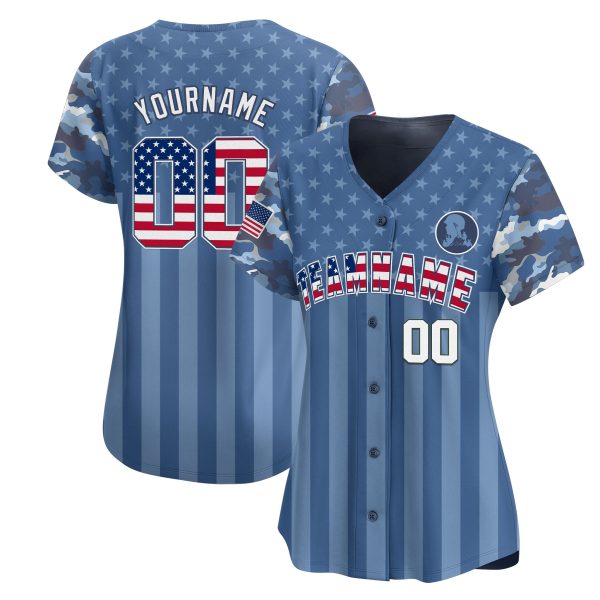 Blue USA Flag - White Navy Camo Stripes Personalized Baseball Jersey - Image 2