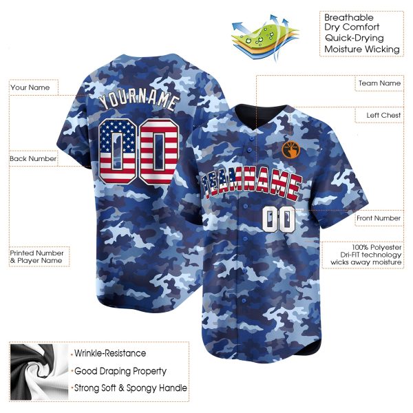 Blue USA Flag - White Navy Camo Personalized Baseball Jersey - Image 3