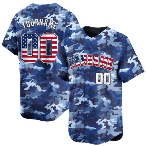 Blue USA Flag - White Navy Camo Personalized Baseball Jersey