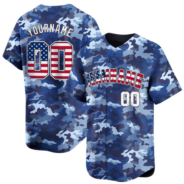 Blue USA Flag - White Navy Camo Personalized Baseball Jersey