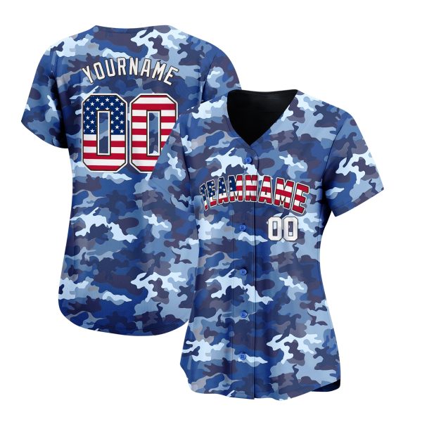 Blue USA Flag - White Navy Camo Personalized Baseball Jersey - Image 2