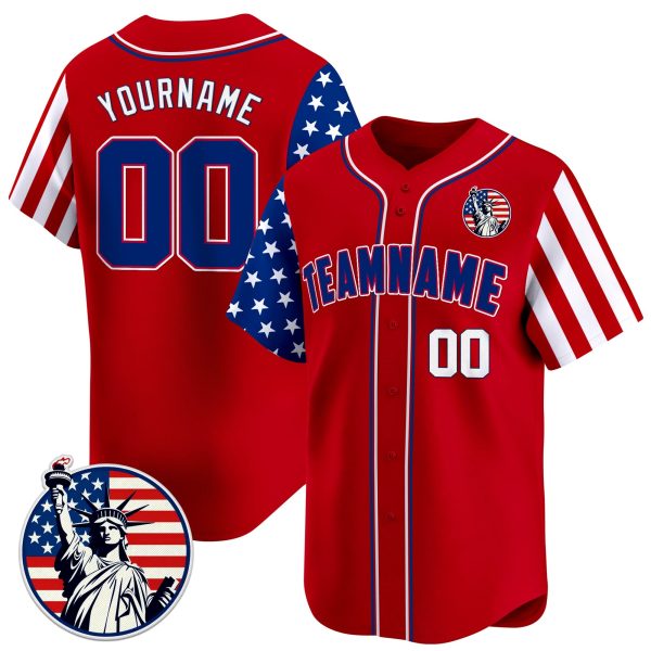 Red Royal -White Independence Day Statue of Liberty Patch Personalized Baseball Jersey
