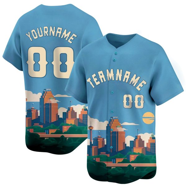 Light Blue White 3D San Antonio City Texas Pattern Personalized Baseball Jersey