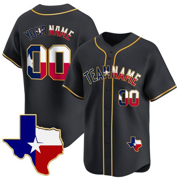 Black Gold Texas Flag Personalized Baseball Jersey