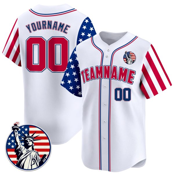 White Red - Royal Independence Day Statue of Liberty Patch Personalized Baseball Jersey