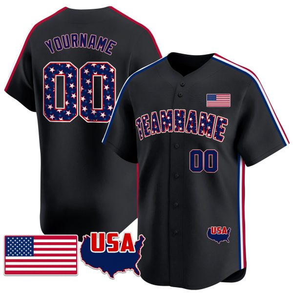 Black Royal - Red Star & Stripes Pattern Personalized Baseball Jersey