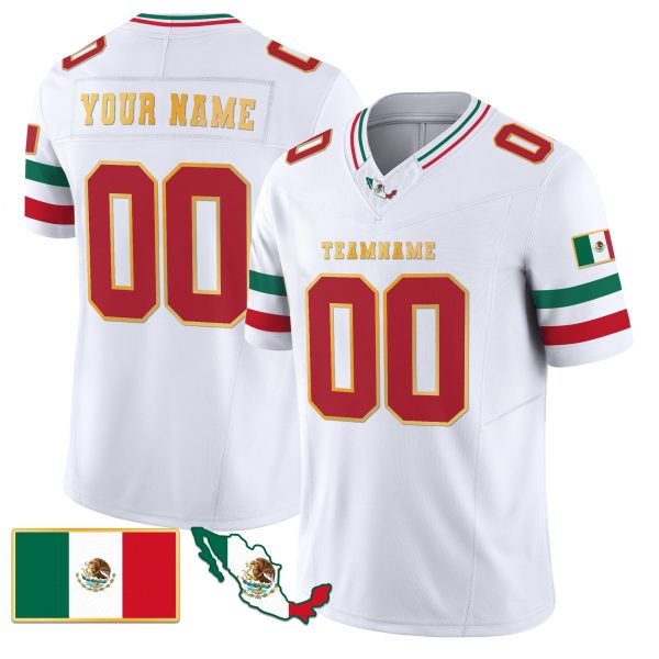 White Red - Gold Trim Mexico Personalized Football Jersey