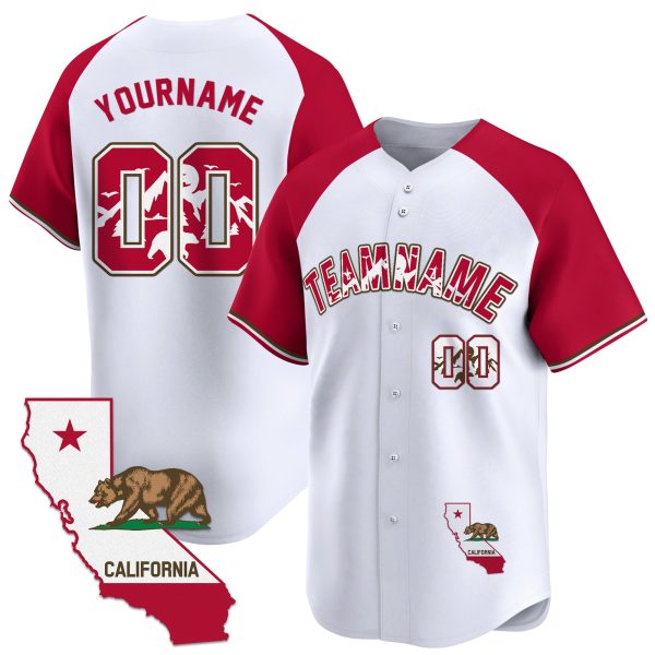White Alternate Red California Map Personalized Baseball Jersey