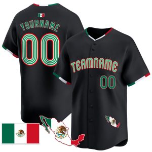 Black Green - Red Mexico Personalized Baseball Jersey - Mexico Map