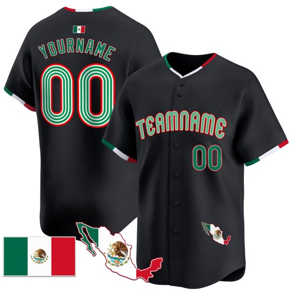 Black Green - Red Mexico Personalized Baseball Jersey - Mexico Map