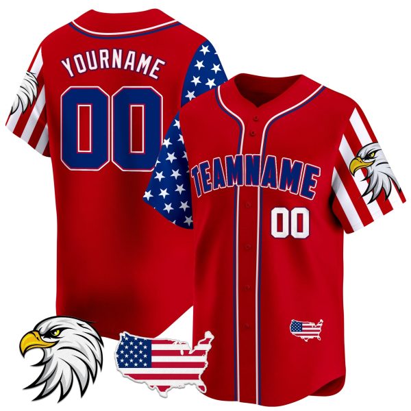 Red White- Red Independence Day Bald Eagle Patch Personalized Baseball Jersey