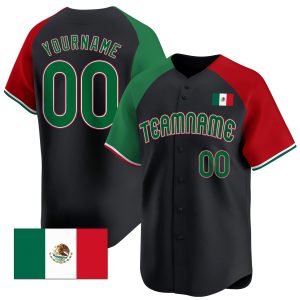 Black Alternate Green - Red Mexican Flag Sleeve Stripes Personalized Baseball Jersey