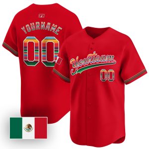 Red Mexico Flag Serape Pattern Personalized Baseball Jersey