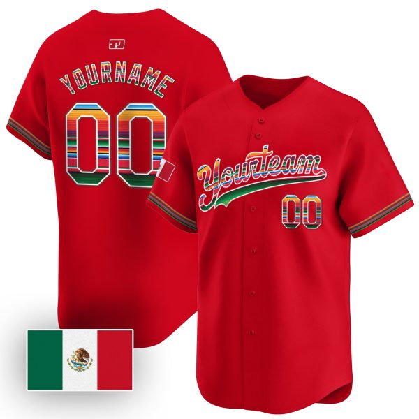 Red Mexico Flag Serape Pattern Personalized Baseball Jersey