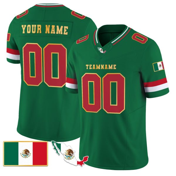 Green Red - Gold Trim Mexico Personalized Football Jersey