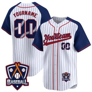 White Alternate Pinstripe Navy Red Personalized Baseball Jersey