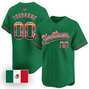 Green Mexico Flag Serape Pattern Personalized Baseball Jersey