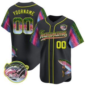 Black Green - Yellow Rainbow Trout Fishing Personalized Baseball Jersey