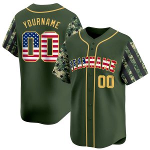 Green Camo USA Flag - Gold Personalized Baseball Jersey