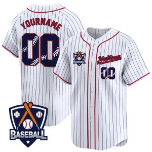 White Navy Pinstripe Navy Red Personalized Baseball Jersey