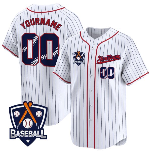 White Navy Pinstripe Navy Red Personalized Baseball Jersey