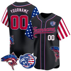 Black Red - White America Trout Fishing Personalized Baseball Jersey