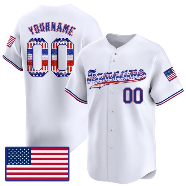 White Royal Red - Royal 4th Of July American Flag Glitter Pattern Personalized Baseball Jersey