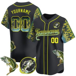 Black Green- Yellow Bass Fishing Personalized Baseball Jersey