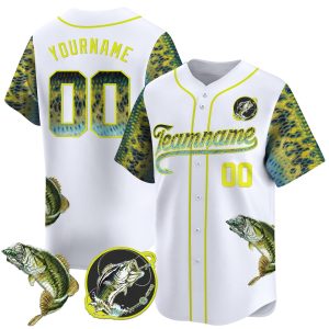 White Green - Yellow Bass Fishing Personalized Baseball Jersey