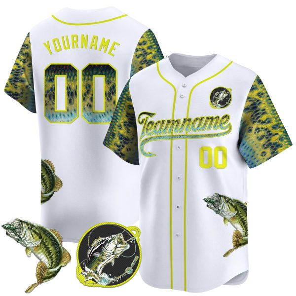 White Green - Yellow Bass Fishing Personalized Baseball Jersey