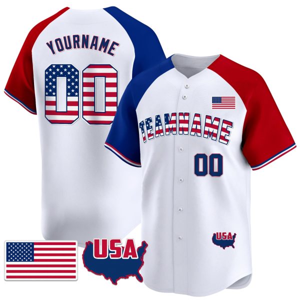 White Alternate Royal - Red American Flag Personalized Baseball Jersey