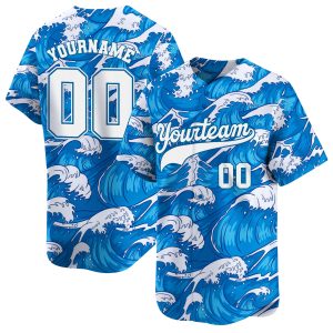 Blue White Waves Personalized Baseball Jersey